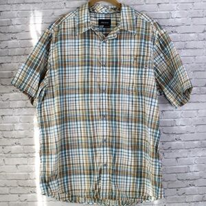 Marmot Men's Short Sleeve Plaid Button-Up Shirt, Size Large Blue Orange Yellow